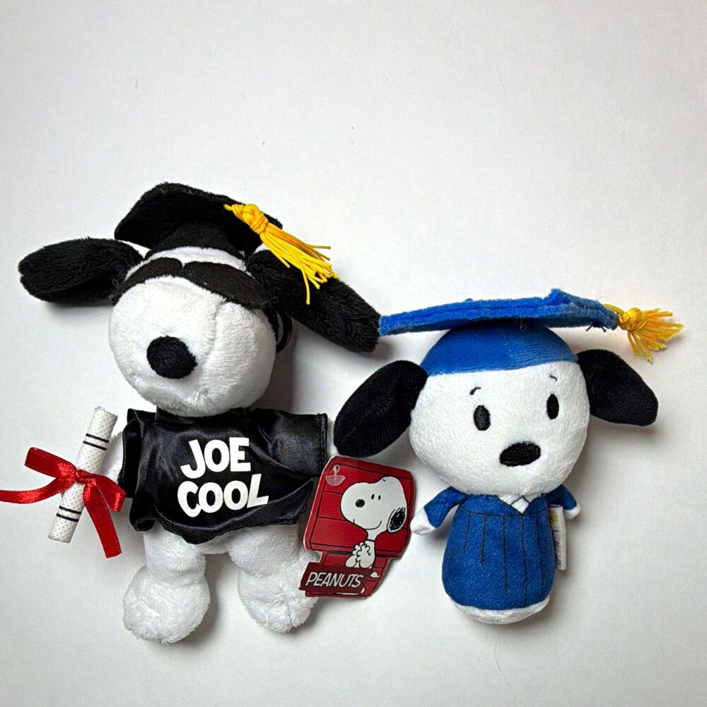 2 Peanuts Snoopy Graduation Plush Joe Cool Keychain Clip & Hallmark Itty Bittys